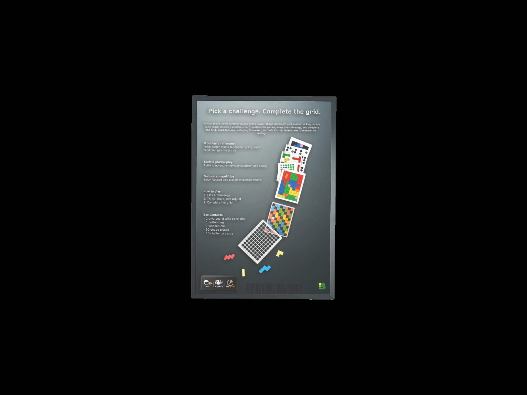 Gridiqxel back of box concept with planned contents and play modes